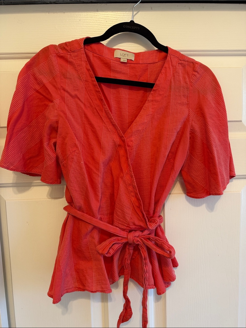 LOFT Coral Wrap Short Flutter Sleeve Blouse